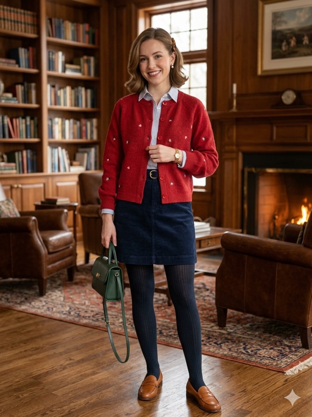 Women’s Red Preppy Cardigan W/ Embroidered Flowers & Hearts Size Medium